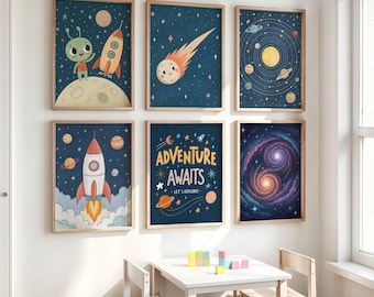 Galaxy Print Set of 6 - Space Nursery Wall Art with Rocket, Planets, Alien & Meteor Designs