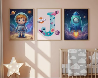 Astronaut Boy Wall Art Set of 3 | Space Letter Print & Rocket Poster | Kids Room Decor Printable