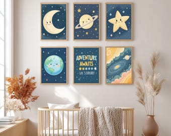 Galaxy Wall Art Set of 6 - Moon, Star & Planet Earth Prints with Adventure Quote - Instant Digital Download