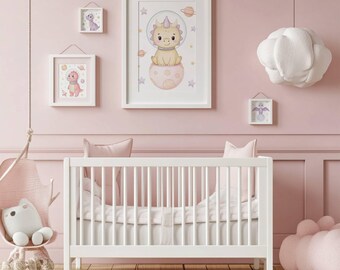 Space Dinosaur Wall Art Set of 4 - Watercolor Galaxy Dino Prints for Kids Rooms, Digital Download