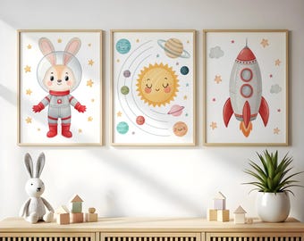 Cute Astronaut Bunny - Planets Wall Art Set for Nursery - Rocket & Solar System | Digital Download | 3 Prints
