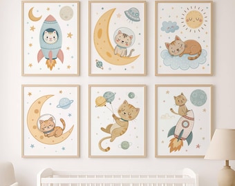 Cute Astronaut Cat Art Bundle | Space Cat Nursery Decor | Rocket & Moon Watercolor Prints | Digital Download Set of 6