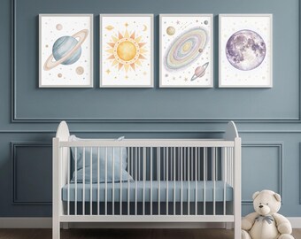 Space-Themed Baby Room Decor – Watercolor Art Set of 4 (Moon, Galaxy, Sun & Planets) Download