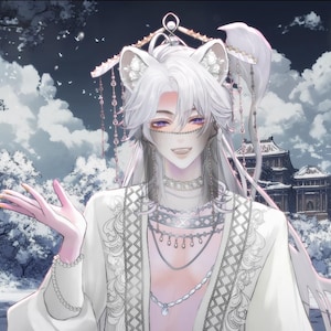 Op de afbeelding: Een anime-stijl illustratie van een personage met lang wit haar en paarse ogen, gekleed in een witte outfit met ingewikkelde zilveren details. Het personage heeft een decoratieve hoofdtooi en staat tegen een besneeuwd winterlandschap.