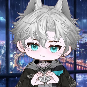 Puede incluir: Un personaje de estilo anime con cabello plateado y orejas de lobo, vistiendo una chaqueta negra con un acento turquesa. El personaje tiene ojos azul brillante y sostiene un objeto en forma de corazón. El fondo muestra un paisaje urbano nocturno.