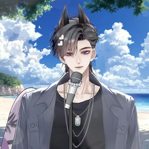 May include: An anime-style illustration of a person with dark hair and purple eyes, wearing a black shirt and grey jacket, holding a microphone. The background shows a beach with blue sky and clouds.