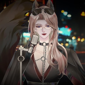 May include: An anime-style illustration of a person with long, light brown hair, glasses, and sunglasses atop their head. They wear a black outfit with a microphone and a chain. The background features a blurred cityscape with lights.