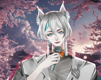 May include: An anime-style illustration of a person with white hair and blue eyes, wearing a gray and white outfit, holding a microphone. The background features cherry blossom trees, lanterns, and a traditional Japanese building.