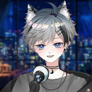 May include: An anime-style character with gray hair and blue eyes, wearing cat ears and a choker necklace with a crescent moon pendant. The character is holding a microphone with stars on it. The background shows a cityscape at night.