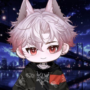 Puede incluir: Un personaje de estilo anime con orejas de lobo y ojos rojos. El personaje tiene cabello blanco con reflejos rosados y lleva una sudadera con capucha negra con una telaraña y detalles rojos. El fondo presenta un paisaje urbano nocturno.