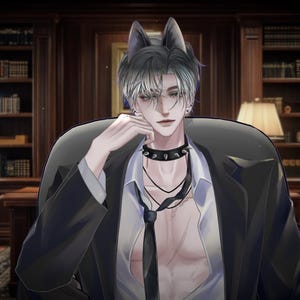 May include: An illustration of a person with wolf ears, wearing a black suit jacket over a partially unbuttoned white shirt and a black tie. They are wearing a black choker with studs and multiple necklaces. The background features a library with bookshelves and a desk.
