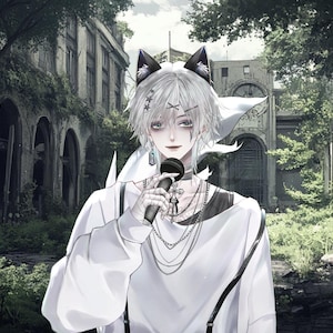 Puede incluir: Ilustración de estilo anime de una persona con cabello blanco, orejas de gato y un micrófono. La persona lleva una camiseta blanca con detalles negros y varios collares. El fondo muestra un edificio en ruinas con vegetación exuberante.