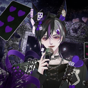 May include: An anime-style illustration featuring a person with black and white hair holding a microphone. Playing cards with purple hearts and diamonds float in the background. The color palette is dominated by shades of purple and black, creating a mysterious atmosphere.