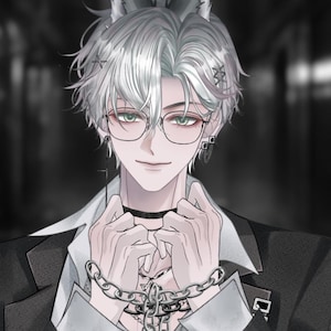 May include: Anime-style illustration of a person with white and grey hair, wearing glasses, a black choker, and a suit. A silver chain is wrapped around the hands. The background is blurred, with a dark, shadowy atmosphere.