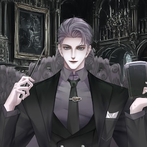 May include: An illustration of a person in a dark suit, holding a book and a wand. The person has pale skin, gray hair, and is in a library setting with bookshelves and a painting on the wall. The overall tone is gothic.