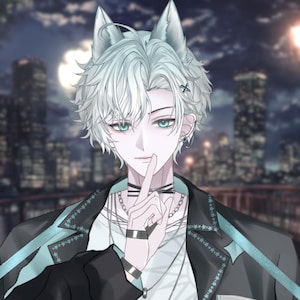 May include: Digital illustration of a character with white hair and blue eyes, wearing a black jacket with teal accents. The character has wolf-like ears and is holding a finger to their lips. The background features a cityscape at night.