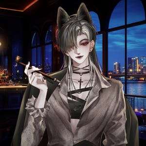 Puede incluir: Un personaje de estilo anime con orejas de lobo y una estética oscura. Viste una blazer gris, un top negro y múltiples collares, sosteniendo una pipa. El fondo presenta un bar y un horizonte urbano nocturno.