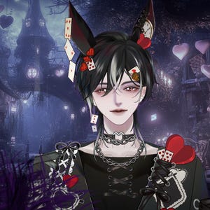 May include: An anime-style character with black and white hair, wearing a black outfit with heart and playing card motifs. The character has black ears with playing card decorations and a choker. The background features a whimsical, dark forest scene with floating hearts.