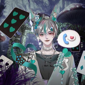 May include: An artistic digital illustration featuring a person with gray and teal hair, adorned with playing card-themed accessories. Playing cards with hearts and diamonds float around the figure, set against a whimsical forest backdrop with mushrooms.