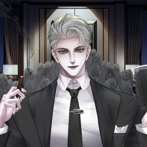 Puede incluir: Ilustración de estilo anime de una persona con traje negro, camisa blanca y corbata negra, sosteniendo un cigarro encendido y un libro. La persona tiene el pelo blanco y está sentada en una habitación lujosa con vistas a la ciudad.
