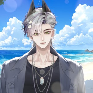 May include: Anime-style illustration of a person with silver hair, green eyes, and dog-like ears, wearing a black shirt and gray jacket. The background shows a beach with blue water, white clouds, and a bright sky.