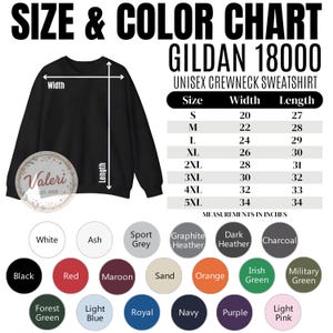 May include: Black unisex crewneck sweatshirt with a size and color chart. The chart lists measurements in inches for sizes S to 5XL. Color options include black, red, and orange. The text "SIZE & COLOR CHART" is at the top.