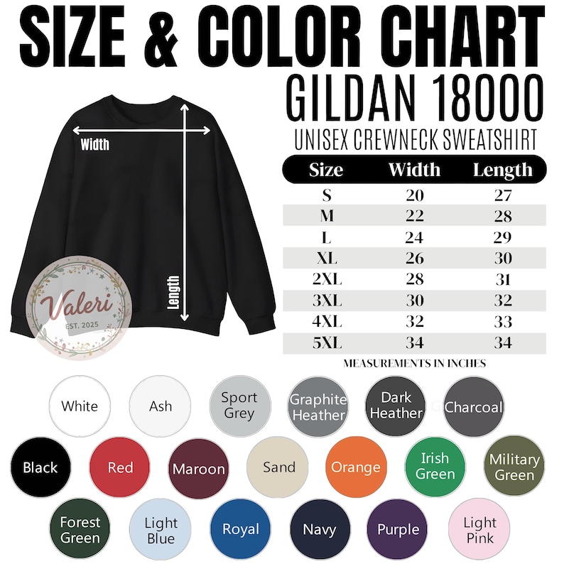 May include: Black unisex crewneck sweatshirt with a size and color chart. The chart lists measurements in inches for sizes S to 5XL. Color options include black, red, and orange. The text "SIZE & COLOR CHART" is at the top.