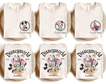 Custom Name Disney Family Shirts, Personalized Mickey and Friends Tee, Retro Checkered Disneyworld Trip 2026, Vintage Family Matching Shirt