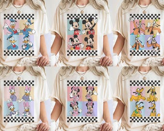 Comfort Colors Mickey & Friends Checkered Shirt, Retro Disney Characters Tee, Magic Kingdom Family Vacation, Disneyland Trip 2026 Shirt