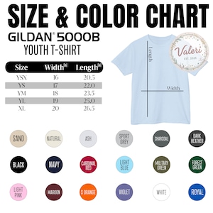 May include: A light blue Gildan 5000B youth t-shirt with a size and color chart. The chart lists sizes YSX to XL, with widths from 16 to 20 inches and lengths from 20.5 to 26.5 inches. Color options include sand, black, navy, and more.