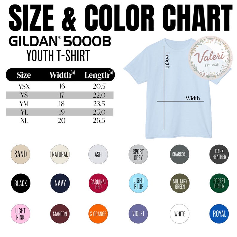 May include: A light blue Gildan 5000B youth t-shirt with a size and color chart. The chart lists sizes YSX to XL, with widths from 16 to 20 inches and lengths from 20.5 to 26.5 inches. Color options include sand, black, navy, and more.