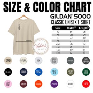 May include: A beige Gildan 5000 Classic Unisex T-shirt displayed on a hanger, with a size and color chart. The chart lists sizes S to 5XL, with width and length measurements in inches. Color options include Sand, Black, Navy, and more.