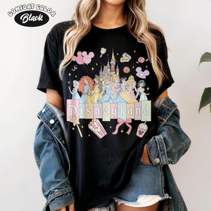 Retro Comfort Colors Disney Princess Shirt, Watercolor Magic Castle Tee, Tiana Ariel Elsa Rapunzel Belle, Disneyland Family Vacation 2026 Black