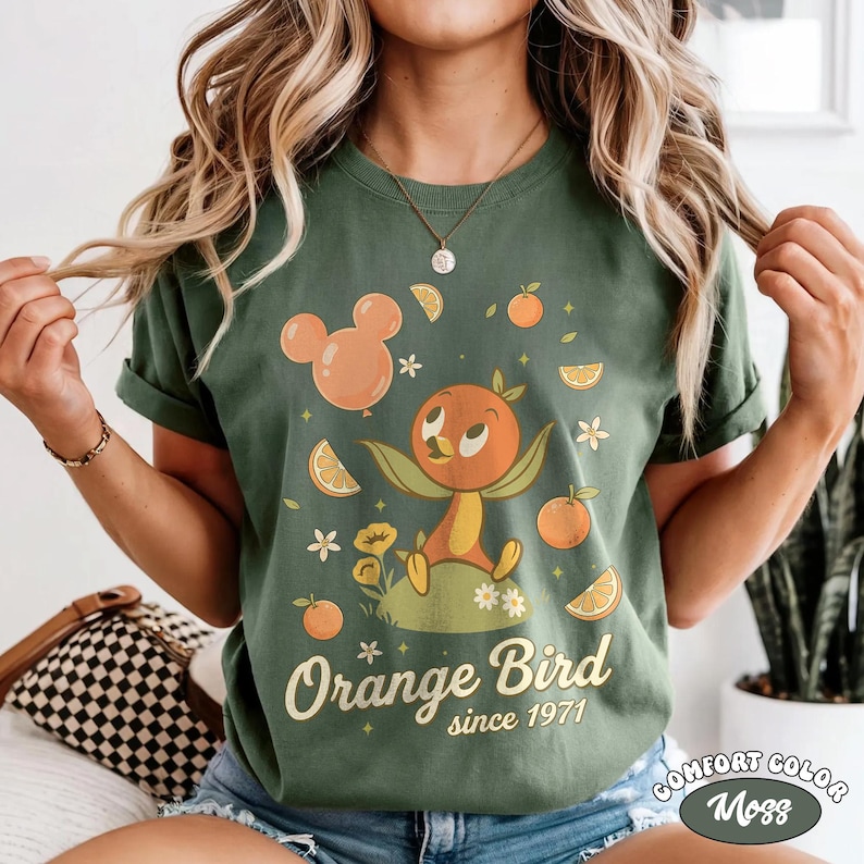 Vintage Disney Orange Fågelskjorta, Epcot Flower and Garden Festival 2026 T-shirt, Retro Walt Disney World Citrus Bird-skjortor, Disneyland-resa Moss/Military Green