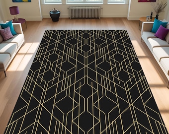 Black and Gold Art Deco Rug: Modern Geometric Design, Art Deco Black Gold Rug, Art Deco Rug