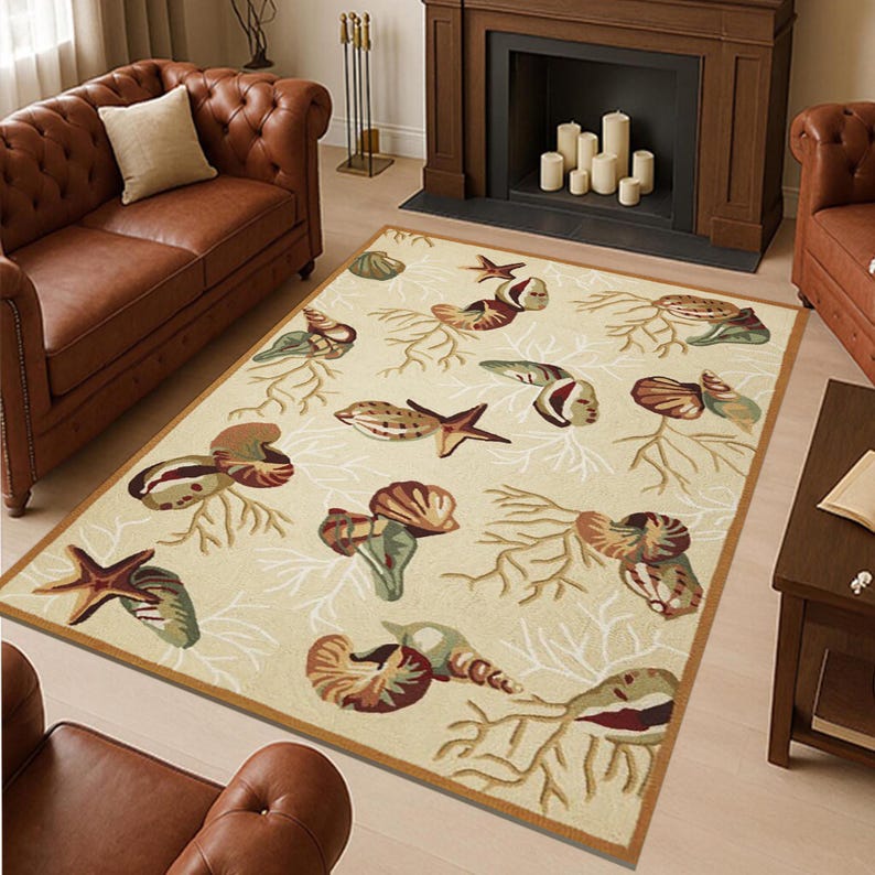 Coastal Sea Area Rug, Seashell and Starfish Pattern Carpet, Beach Style ...