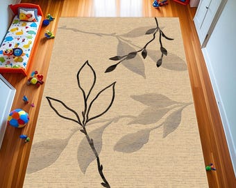 Beige Floral Area Rug, Modern Flower Print, Washable Non-Skid