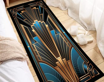 Blue Art Deco Runner Rug: Geometric Velvet Kilim Style Rug, Art Deco Runner Rug, Art Deco Rug