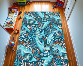 Underwater Fish Kilim Rug: Ocean Landscape, Non-Slip Velvet Surface, Fish Area Rug, Blue Area Rug, Blue Rug
