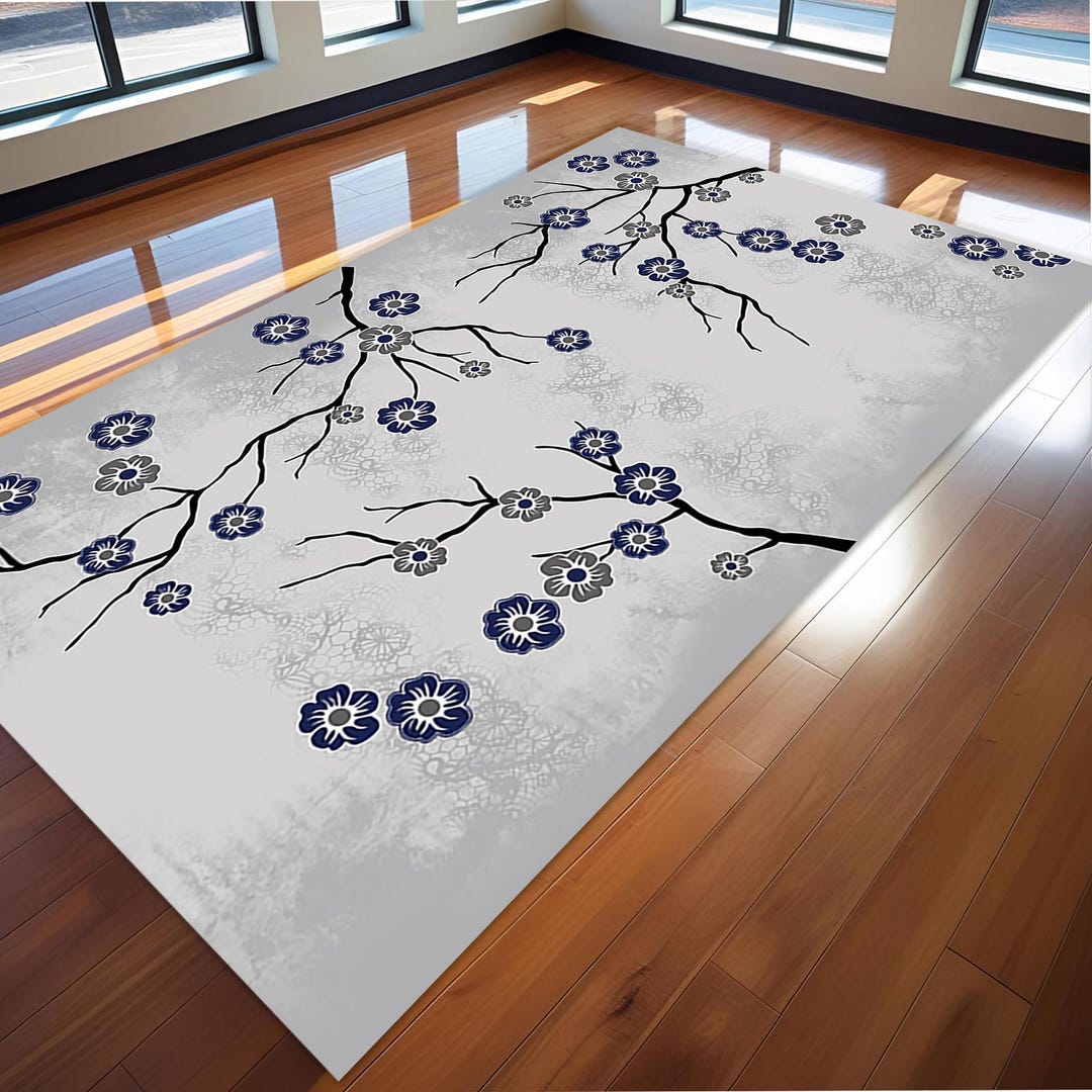 Sakura Rug Sakura Rug: Gray Blossom, Japanese Floral Carpet - Etsy