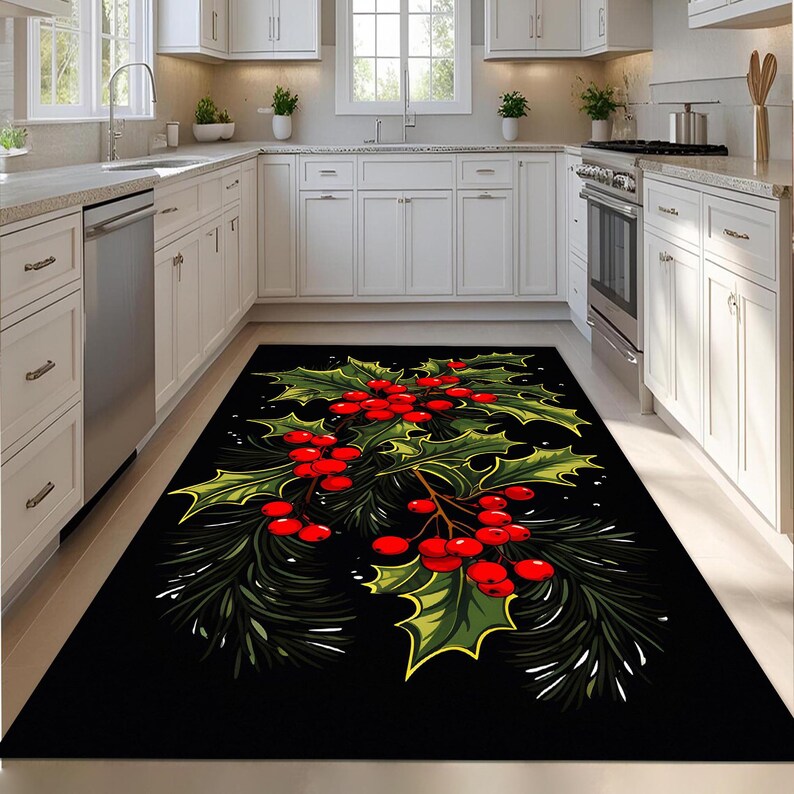 Christmas Holly Berry Rug: Festive Holiday Decor, Black Winter Carpet ...