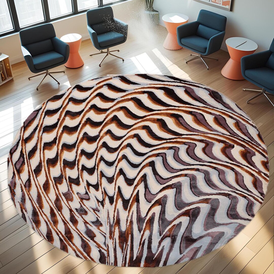 Optical Illusion Round Rug: Modern Wave Pattern, Black Brown Beige ...