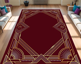 Art Deco Red Rug: Geometric Sunburst, Gold Mythical Design, Red Art Deco Area Rug,Art Deco Rug