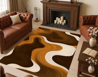 May include: A rectangular area rug with a flowing, abstract design in shades of brown, tan, and cream. The rug features a wavy pattern created by curved lines, adding a modern touch to the room. The rug is placed in a living room setting.