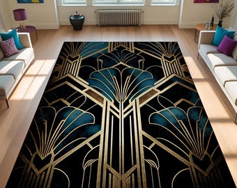 Black & Gold Art Deco Rug: Modern Geometric Area Rug, Art Deco Navy Rug, Art Deco Gold Rug, Art Deco Rug