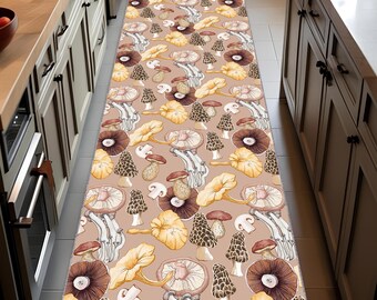 Mushroom Kitchen Runner Rug: Botanical Print, Non-Slip Velvet Carpet