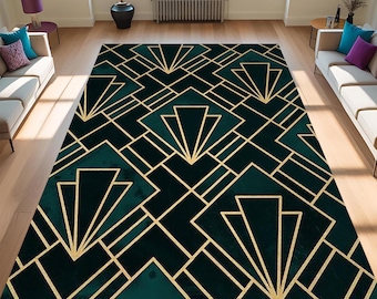 Art Deco Area Rug, Emerald Green and Gold Geometric Carpet, Modern Luxury Living Room Rug, Luxury Art Deco Rug, Green and Gold Geometric Rug