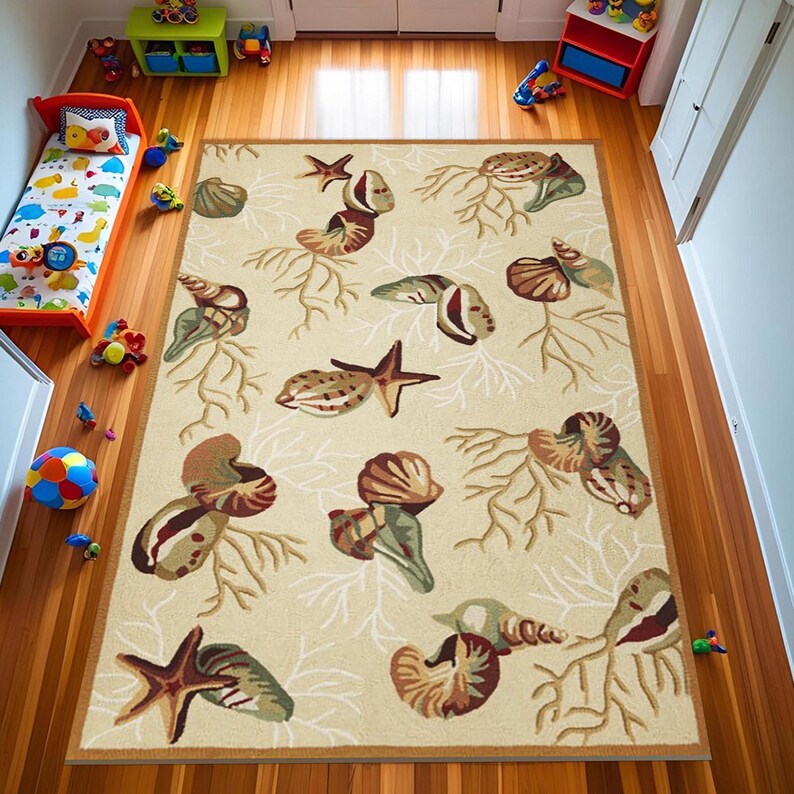 Coastal Sea Area Rug, Seashell and Starfish Pattern Carpet, Beach Style ...