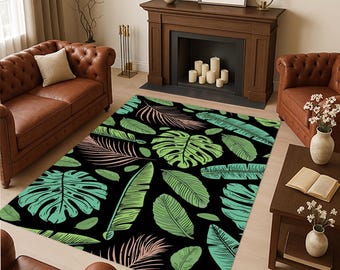 Tropical Leaf Velvet Rug: Green Monstera Print, Non-Slip Kilim, Floral Rug, Green and Black Rug, Black Area Rug, Floral Area Rug