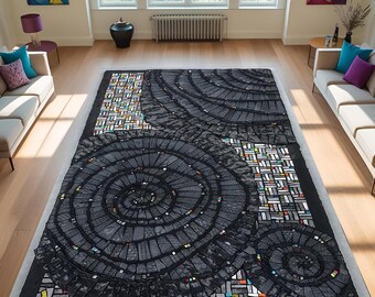 Moderner Spiralteppich - Geometrischer Kunstteppich in Schwarz und Grau